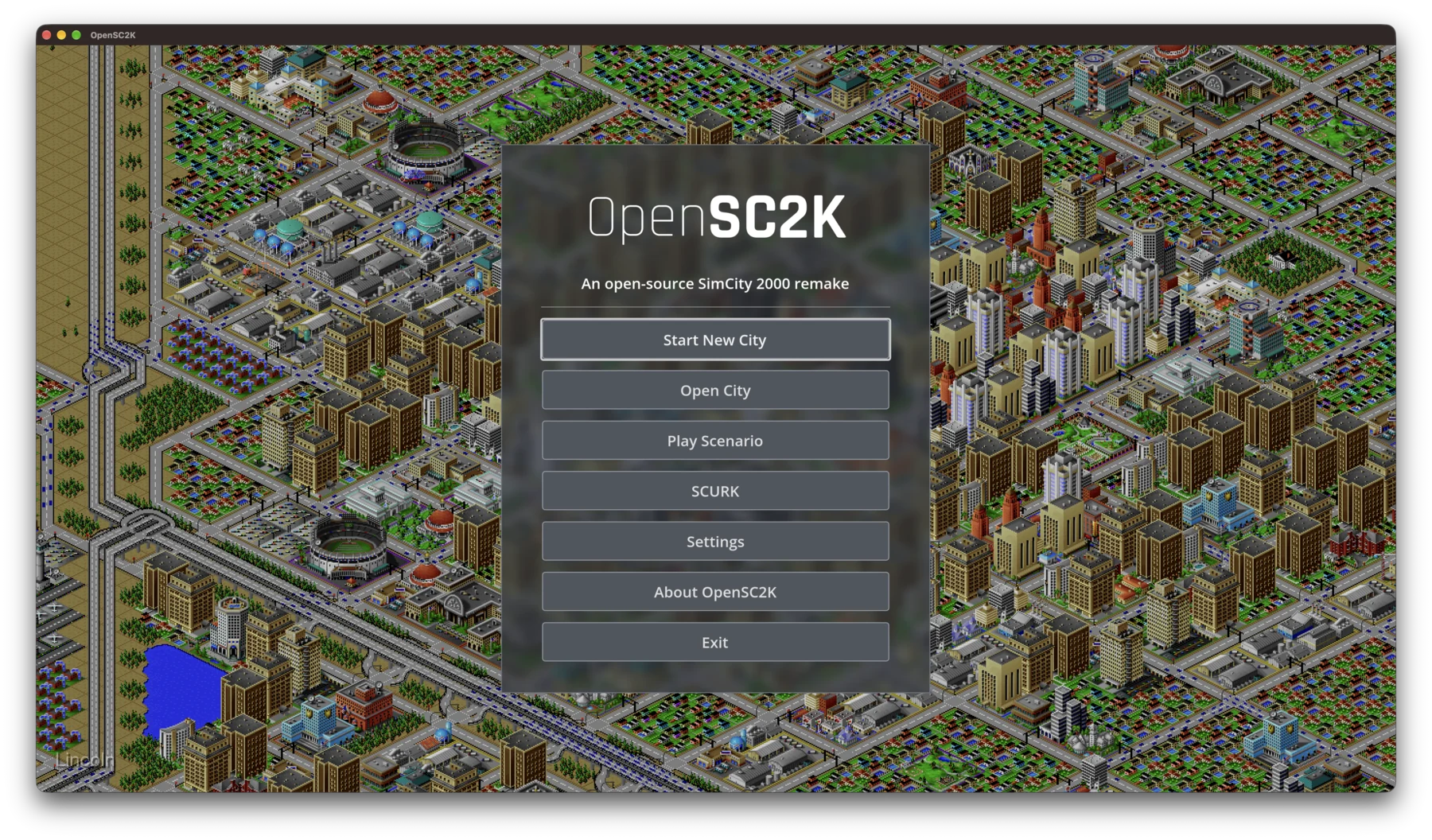 The OpenSC2K main menu over a city